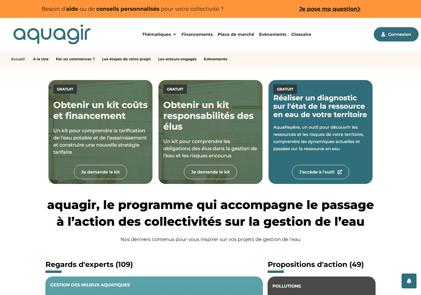 Page d'accueil de la plateforme aquagir dans une fenêtre de navigateur