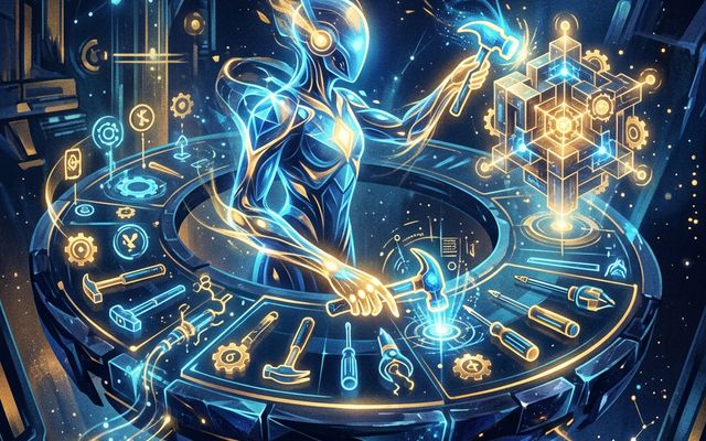Silhouette humanoïde lumineuse bleue et or orchestrant des outils flottants (marteau, engrenages, clés) autour d'un plateau circulaire holographique, sur fond sombre étoilé