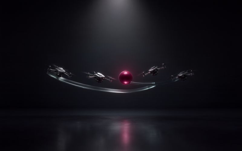 Quatre petits drones en formation le long d'un rail de verre incurvé, une sphère bordeaux brillante posée au centre du rail, faisceau de lumière tombant du haut et reflet rose sur un sol sombre
