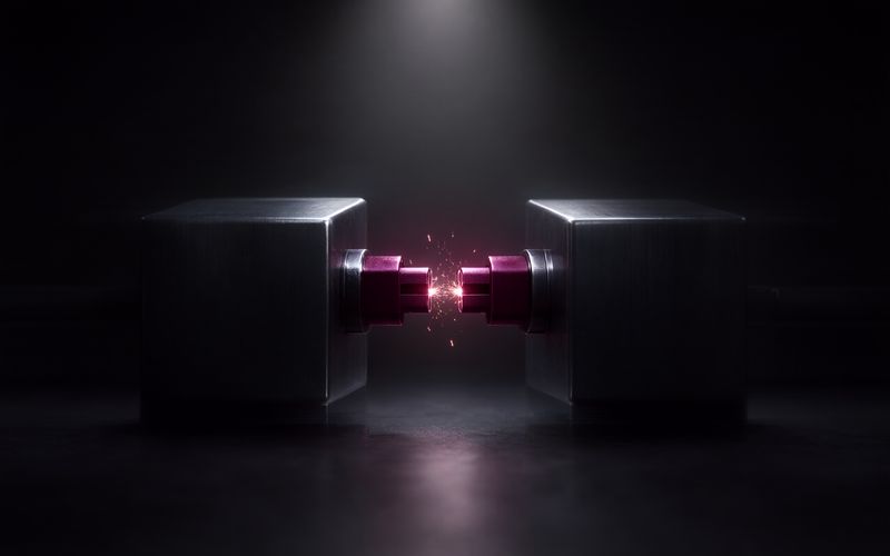 Deux cubes en métal brossé face à face sur un sol sombre, reliés au centre par une fiche et une prise cylindriques bordeaux qui s'emboîtent dans une gerbe de petites étincelles, faisceau de lumière tombant du haut