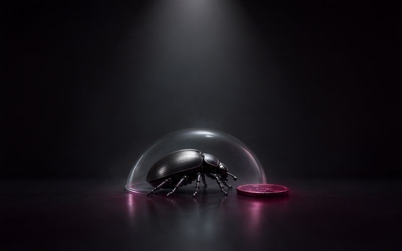 Scarabée mécanique en métal noir aux pattes articulées enfermé sous un dôme de verre, une pièce de monnaie bordeaux posée juste à côté sur un sol sombre réfléchissant, faisceau de lumière venant du haut