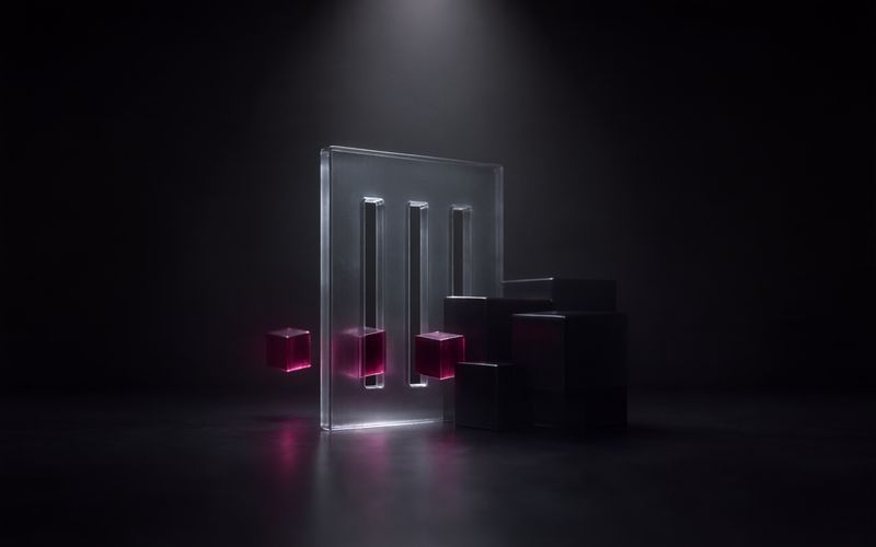 Plaque de verre dressée percée de trois fentes verticales, trois petits cubes bordeaux translucides passant à travers, tandis que des cubes noirs plus gros s'entassent bloqués derrière, sur un sol sombre réfléchissant