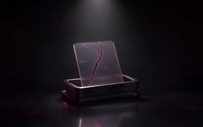Carte de verre givré dressée dans un bac métallique noir, traversée d'une fissure bordeaux lumineuse ramifiée, sous un faisceau de lumière blanche sur fond sombre
