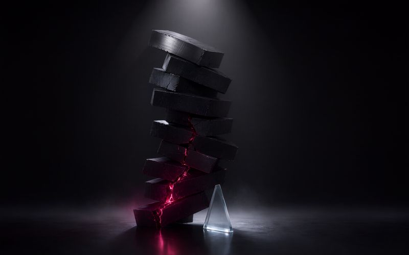 Pile de briques noires empilées de travers et penchant dangereusement, les briques du bas fissurées avec une lueur bordeaux dans les cassures, un petit coin de verre triangulaire calé à la base, sur un sol sombre sous un faisceau blanc