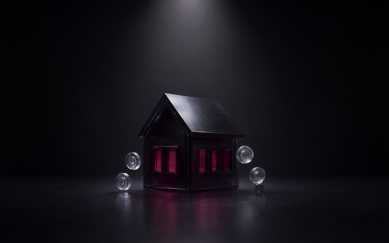 Petite maison en verre fumé au toit métallique, ses fenêtres éclairées d'un bordeaux chaud, entourée de quatre molettes de verre transparent posées au sol, sous un faisceau de lumière sur fond sombre