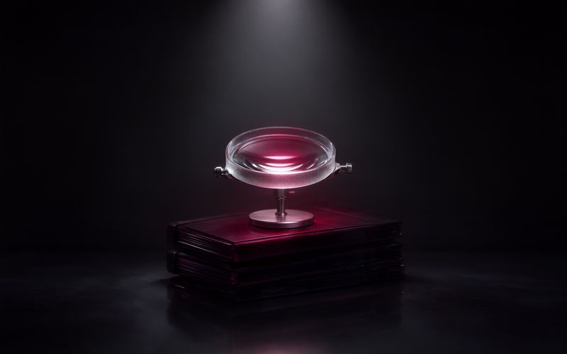 Grande loupe de verre sur pied métallique posée sur une pile de deux registres reliés en cuir bordeaux, la page sous la lentille baignée d'une lueur rose, sous un faisceau blanc sur fond sombre