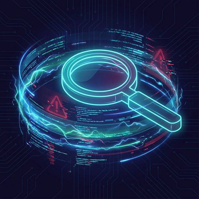 Loupe néon cyan au centre d'un disque holographique avec des lignes de code bleues et des icônes d'alerte triangulaires rouges, sur fond sombre de circuit imprimé