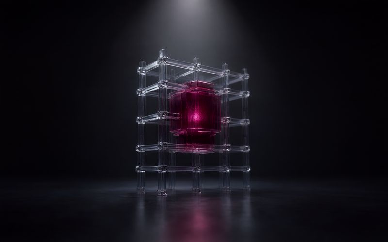 Échafaudage cubique en tubes de verre transparent assemblés par des jonctions, enserrant en son centre un bloc de verre bordeaux lumineux, posé sur un sol sombre réfléchissant sous un faisceau blanc