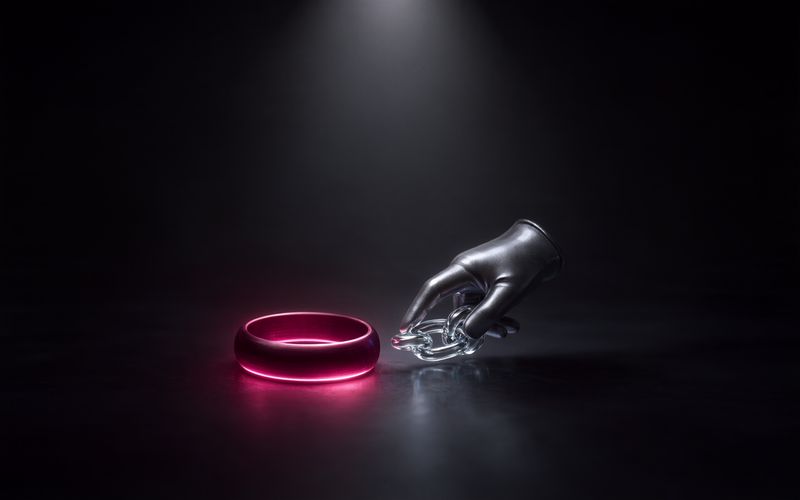 Anneau de lumière bordeaux ouvert posé sur un sol sombre, une main gantée de métal gris approchant un petit maillon de verre pour refermer la boucle, sous un faisceau de lumière blanche