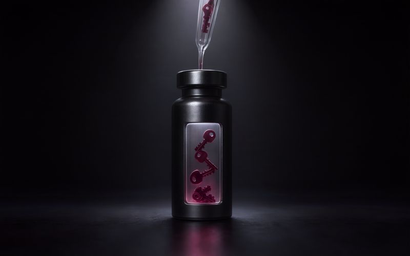 Flacon cylindrique en métal noir dont la fenêtre de verre révèle quatre clés bordeaux entassées, une pipette de verre inclinée aspirant une clé par le goulot, sur fond sombre sous un faisceau blanc