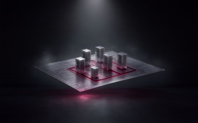 Plan d'architecte en verre transparent flottant au-dessus d'un sol sombre, six petites tours de serveurs en verre dressées directement sur ses tracés bordeaux lumineux, sous un faisceau de lumière blanche