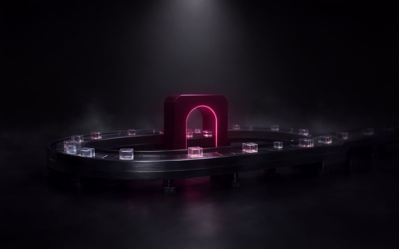 Convoyeur métallique en boucle ovale transportant de petits cubes de verre à travers une arche bordeaux lumineuse, dans une brume légère sur fond sombre sous un faisceau blanc