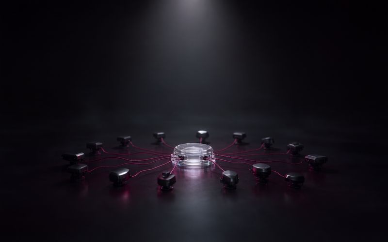 Quinze petits capteurs en métal noir de formes variées disposés en cercle sur un sol sombre, chacun relié par un fin fil bordeaux à un moyeu central en verre transparent, sous un faisceau de lumière blanche