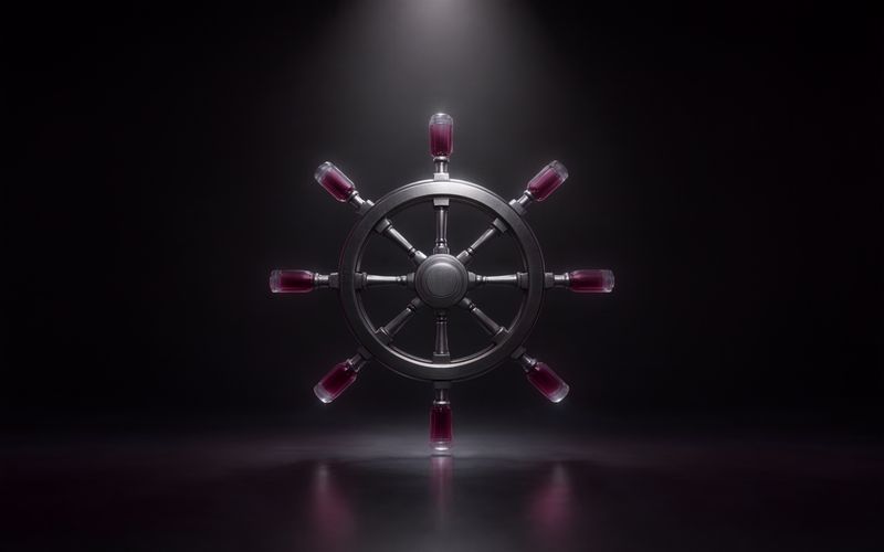 Barre à roue de navire en métal brossé à huit rayons, chaque poignée terminée par une petite fiole de verre remplie d'un liquide bordeaux, dressée sur un sol sombre réfléchissant sous un faisceau blanc