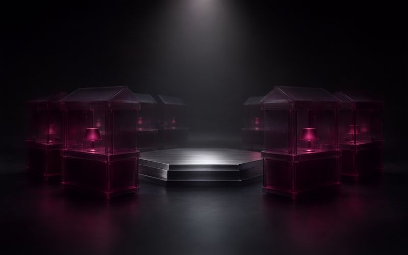 Sept petits étals de marché en verre teinté de bordeaux, chacun éclairé d'une petite lampe, disposés en arc autour d'une estrade hexagonale en métal brossé, sur un sol sombre sous un faisceau de lumière blanche