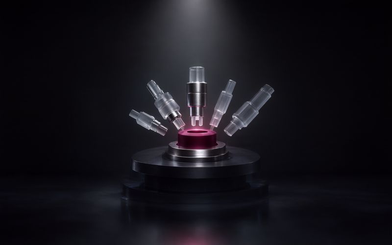 Cinq fiches de connexion en verre transparent aux formes différentes convergeant en éventail vers un unique port bordeaux lumineux, sur un socle circulaire en métal noir, sous un faisceau blanc sur fond sombre