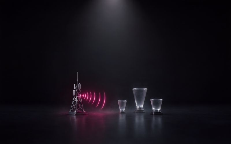 Petit pylône émetteur métallique à gauche diffusant des ondes bordeaux en arcs vers trois récipients de verre de tailles différentes posés à droite, sur un sol sombre réfléchissant sous un faisceau blanc