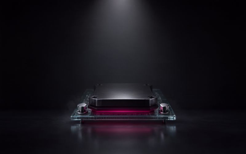 Module plat en métal noir vissé par deux gros boulons chromés sur une plaque de verre transparent, une lueur bordeaux filtrant sous le module, sur fond sombre sous un faisceau de lumière blanche