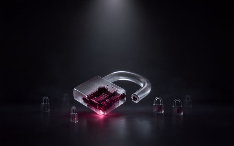 Grand cadenas de verre transparent posé ouvert sur un sol sombre, son mécanisme interne bordeaux entièrement visible, entouré de six petits cadenas de verre identiques, sous un faisceau de lumière blanche
