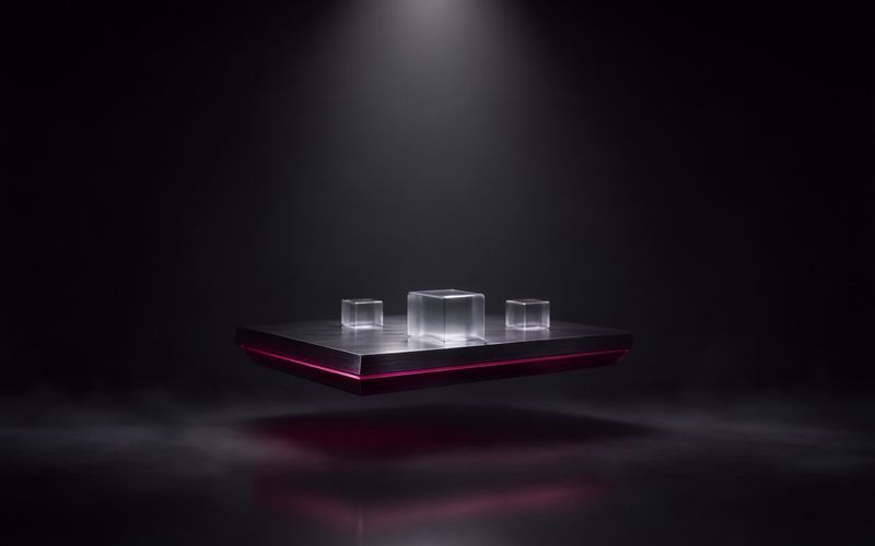 Plateforme carrée en métal brossé bordée d'une lumière bordeaux flottant au-dessus d'une nappe de brume, portant trois cubes de verre transparent, sous un faisceau blanc sur fond sombre