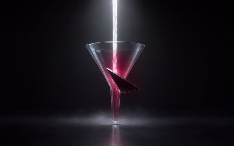 Entonnoir de verre recevant un filet de lumière blanche tombant du haut, un éclat noir anguleux glissé dans la paroi qui teinte le flux en bordeaux vers la sortie, sur fond sombre et sol réfléchissant