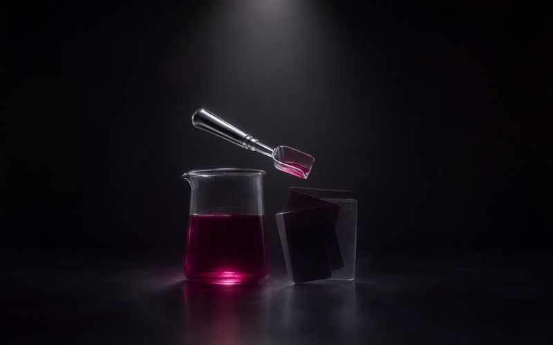 Bécher de verre rempli d'un liquide bordeaux lumineux, une petite pelle métallique suspendue au-dessus y versant une dose puisée dans une pile de cartes de verre sombres posée à côté, sur fond noir sous un faisceau blanc