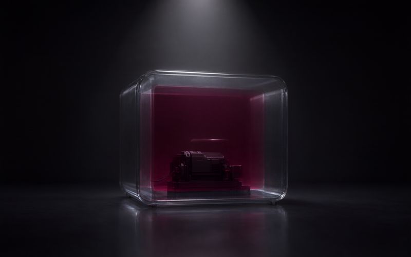 Grand caisson de verre transparent aux angles arrondis posé sur un sol sombre, abritant une petite machine industrielle noire baignée d'une lueur bordeaux contenue par les parois, sous un faisceau de lumière blanche