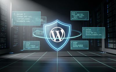 Bouclier holographique bleu cyan entouré d'un anneau lumineux au centre, contenant le logo W de WordPress, flanqué de cinq panneaux translucides bleutés affichant des extraits de configuration serveur (blocs server avec listen 443 ssl, config cache enabled, security strict), dans un datacenter sombre avec rangées de serveurs floues de chaque côté et sol à grille cyan