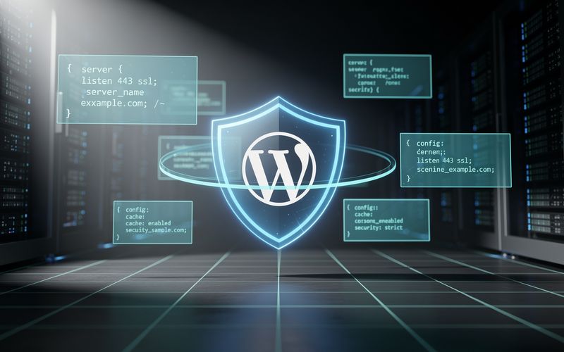 Bouclier holographique bleu cyan entouré d'un anneau lumineux au centre, contenant le logo W de WordPress, flanqué de cinq panneaux translucides bleutés affichant des extraits de configuration serveur (blocs server avec listen 443 ssl, config cache enabled, security strict), dans un datacenter sombre avec rangées de serveurs floues de chaque côté et sol à grille cyan