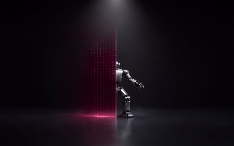 Robot humanoïde en métal brossé s'avançant hors d'un panneau vertical de grille holographique bordeaux, une moitié du corps encore dans la grille et l'autre sur un sol sombre réel, sous un faisceau blanc