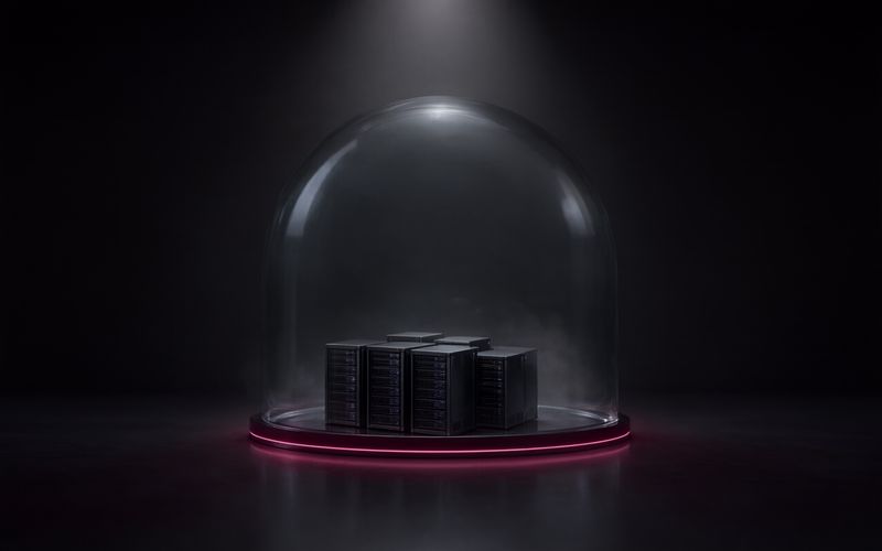 Cloche de verre transparente posée sur un socle circulaire bordé d'une lumière bordeaux, abritant quatre baies de serveurs noires, dans une légère brume sur fond sombre sous un faisceau blanc