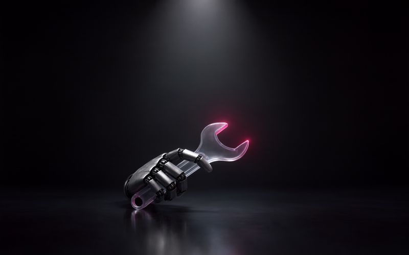 Main robotique articulée en métal brossé tenant une clé plate en verre transparent dont la mâchoire luit d'une pointe bordeaux, posée sur un sol sombre réfléchissant sous un faisceau de lumière blanche
