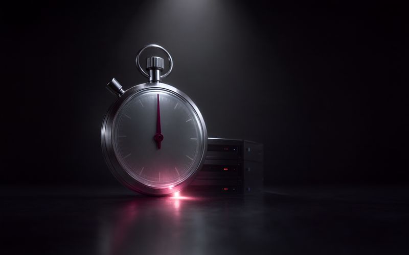 Chronomètre en métal brossé au cadran de verre, une unique aiguille bordeaux juste décalée du zéro, posé devant une petite pile de trois serveurs noirs aux voyants rouges, sur un sol sombre sous un faisceau blanc