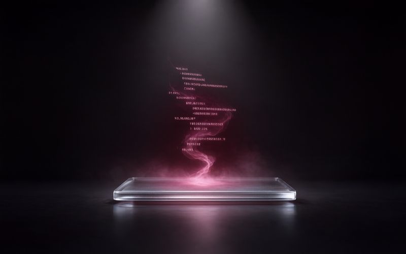 Dalle de verre transparente posée sur un sol sombre, d'où s'élève une volute de brume rose parsemée de lignes de caractères illisibles évoquant du code, sous un faisceau de lumière blanche