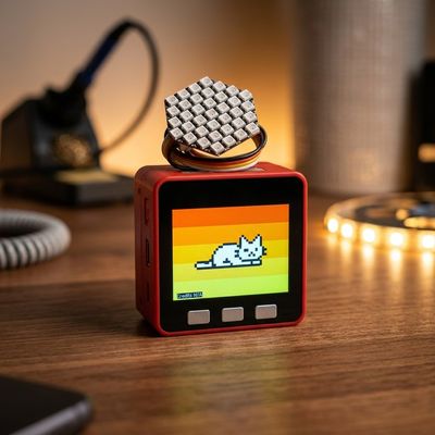 Photo du boîtier rouge M5Stack Fire posé sur un bureau en bois chaudement éclairé, écran affichant le Chaton Fat blanc en pixel art couché sur un fond arc-en-ciel rayé avec la mention « Credits N/A », une matrice LED hexagonale éteinte posée sur le dessus, fer à souder et bande LED floues en arrière-plan