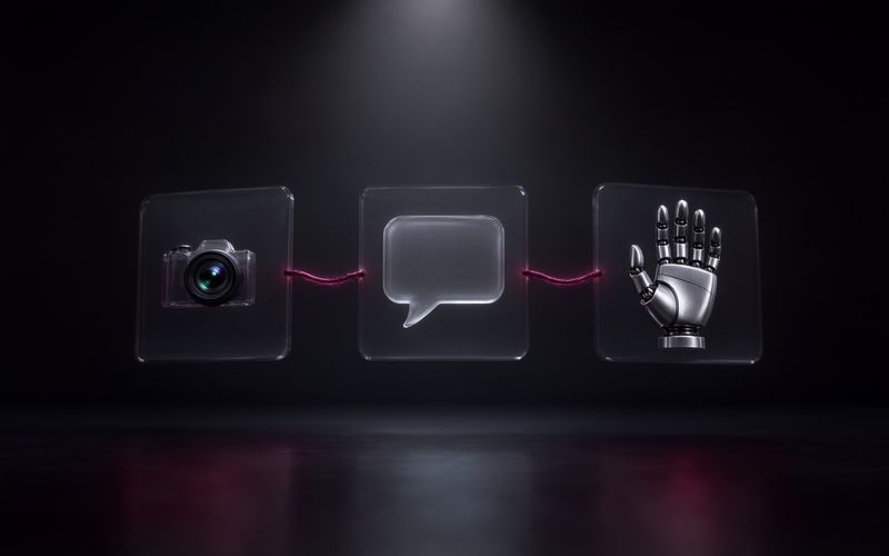 Trois dalles de verre alignées et flottantes portant de gauche à droite un appareil photo, une bulle de dialogue et une main robotique métallique, reliées entre elles par un fil bordeaux, sur fond sombre sous un faisceau blanc
