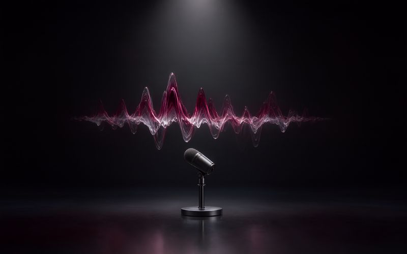 Microphone de studio noir sur pied posé sur un sol sombre réfléchissant, surmonté d'une large onde sonore en filaments de verre translucides teintés de bordeaux, sous un faisceau de lumière blanche
