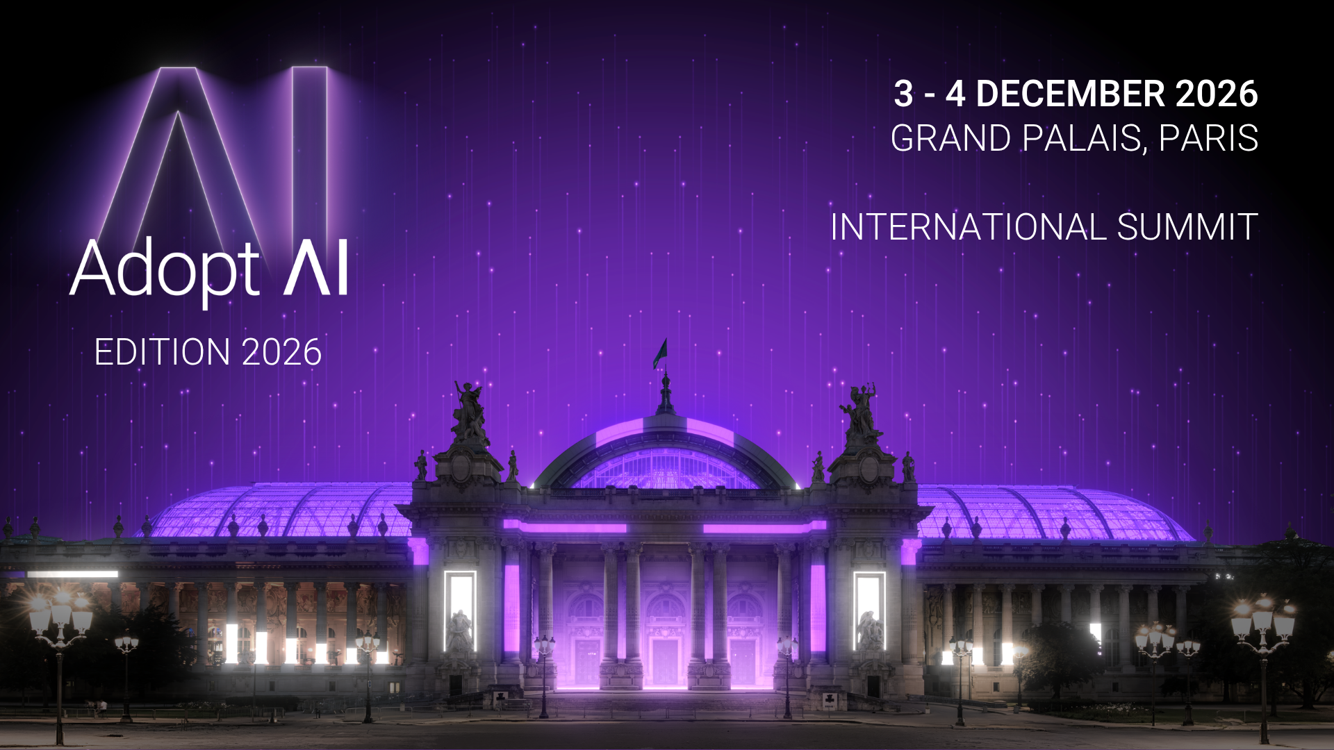 Le Grand Palais de Paris illuminé en violet la nuit, avec le logo Adopt AI Édition 2026 en haut à gauche et la mention 3-4 December 2026 Grand Palais Paris International Summit en haut à droite, sur un ciel dégradé violet