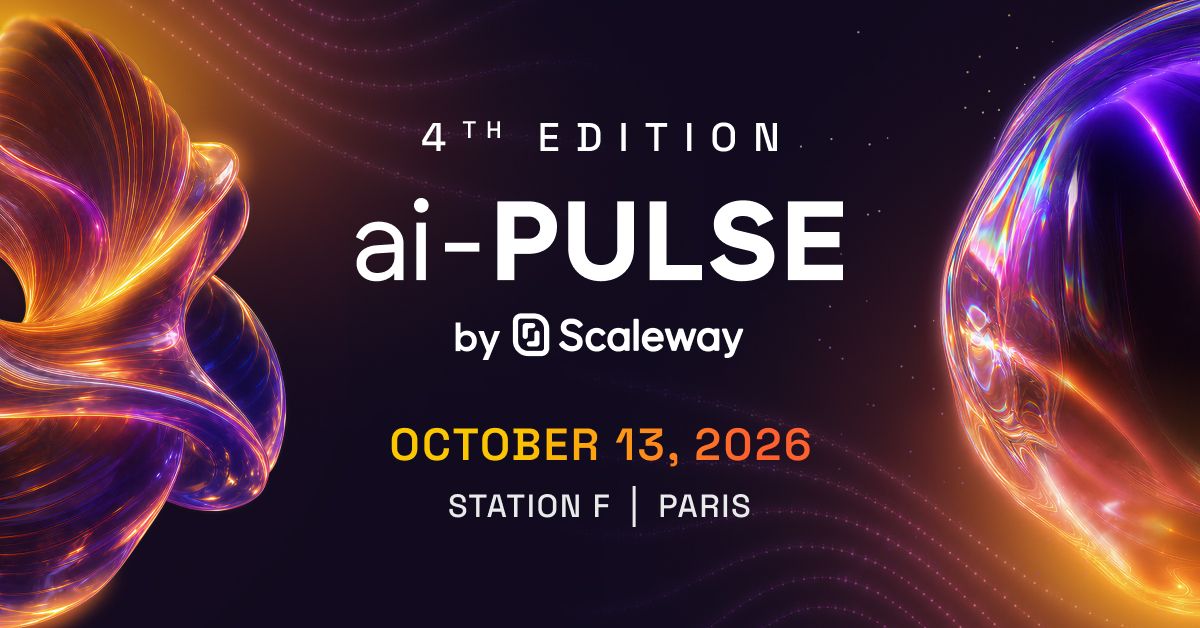 Visuel officiel ai-PULSE 2026 sur fond violet tres sombre : mention « 4TH EDITION » en petites capitales blanches, titre « ai-PULSE » en grandes lettres blanches, mention « by Scaleway » avec le logo carre de Scaleway, date « OCTOBER 13, 2026 » en degrade jaune vers orange et lieu « STATION F | PARIS » en blanc ; de part et d'autre, deux sculptures 3D abstraites aux rubans irises orange, violet et rose