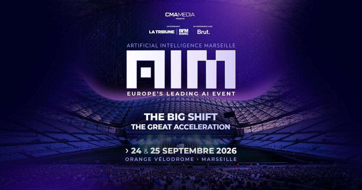 Vue nocturne de l'interieur du stade Orange Velodrome traitee en degrade violet et bleu : au premier plan le sigle AIM en grandes lettres blanches geometriques surmonte de la mention « ARTIFICIAL INTELLIGENCE MARSEILLE », au second plan la pelouse et la charpente du toit, a l'arriere-plan les tribunes remplies de spectateurs ; en bas les mentions « THE BIG SHIFT — THE GREAT ACCELERATION » et « 24 & 25 SEPTEMBRE 2026, ORANGE VELODROME, MARSEILLE », en haut les logos CMA Media, La Tribune, BFM Business et Brut