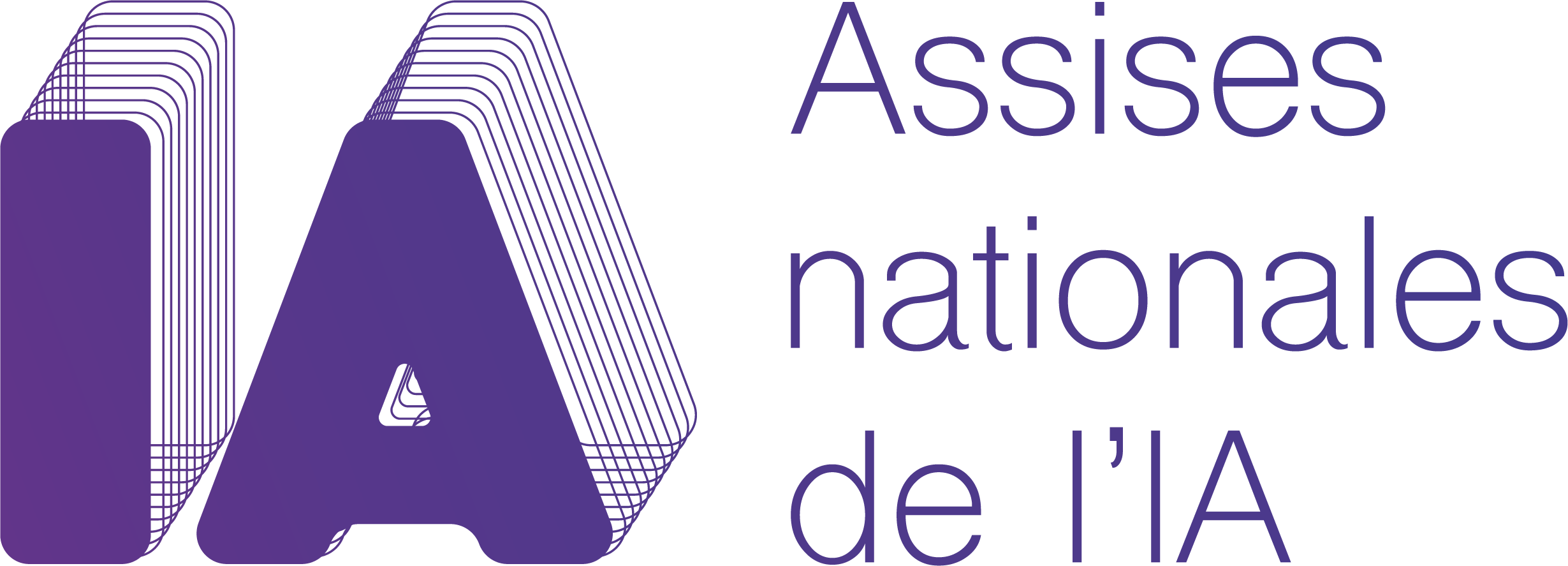 Logo des Assises nationales de l'IA sur fond blanc : a gauche les deux lettres « IA » en violet plein, doublees vers le haut et la droite par un empilement de contours en fil de fer qui leur donne un relief en escalier, un petit symbole triangulaire blanc etant loge dans la barre du A ; a droite le texte « Assises nationales de l'IA » compose en violet sur trois lignes