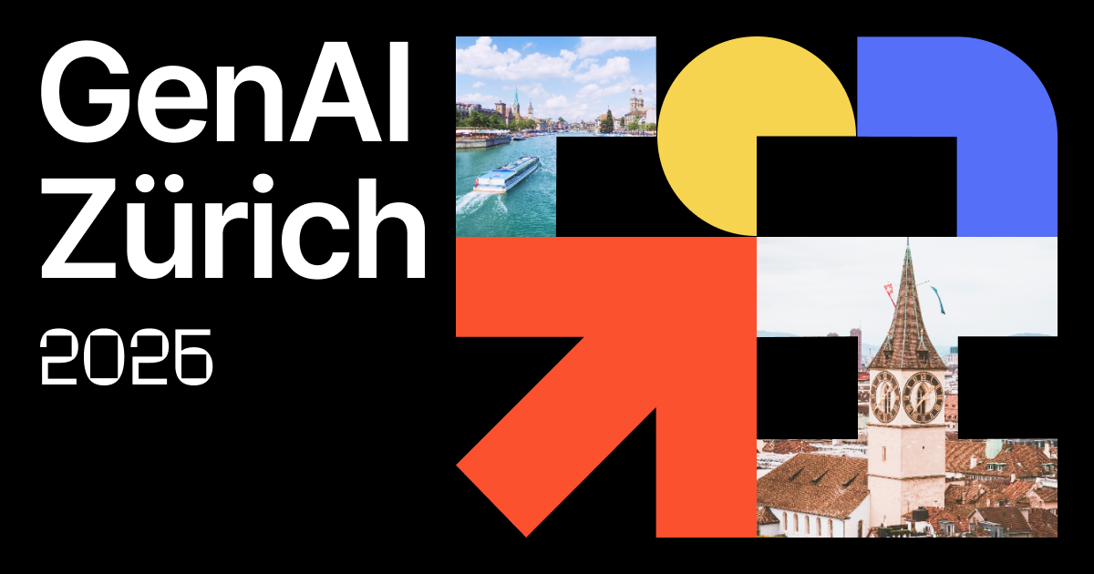 Composition graphique sur fond noir : a gauche le titre « GenAI Zurich 2026 » en lettres blanches, a droite un assemblage de carres melant deux photographies de Zurich — un bateau sur la Limmat devant les clochers de la vieille ville, et le clocher de l'eglise Saint-Pierre avec son horloge au-dessus des toits de tuiles — et des formes geometriques jaune, bleue et rouge dont une fleche orientee vers le haut a droite