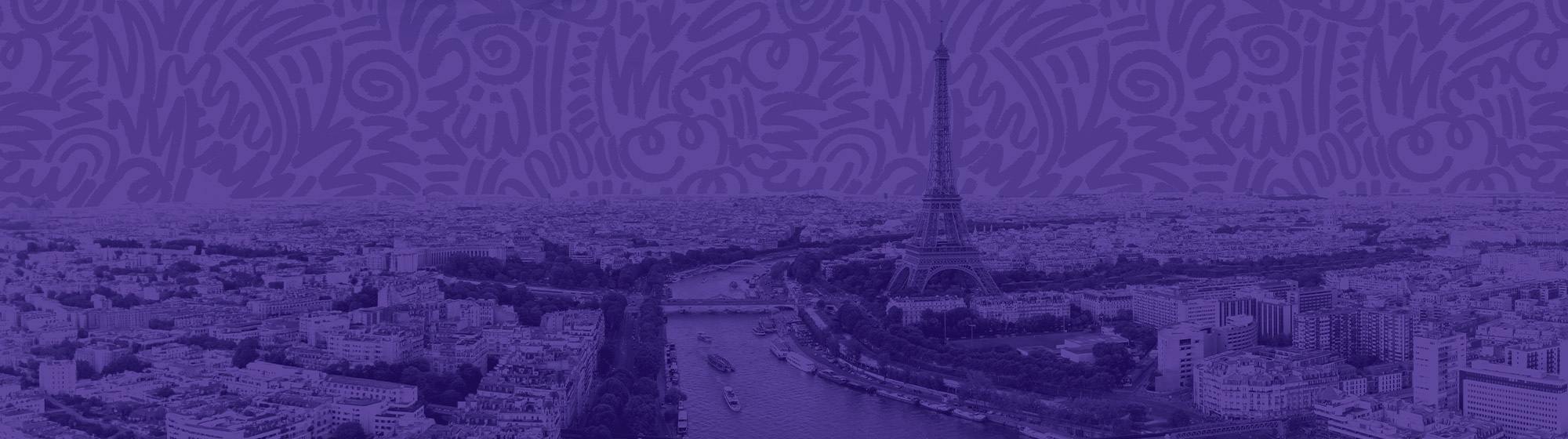 Vue aerienne panoramique de Paris traitee en monochrome violet : au centre la Seine traversee de ponts et longee de peniches, a droite la tour Eiffel se detachant sur les toits, au premier plan les immeubles haussmanniens et les avenues arborees ; la partie haute de l'image est couverte d'un motif graphique de volutes et de spirales dans un violet plus soutenu
