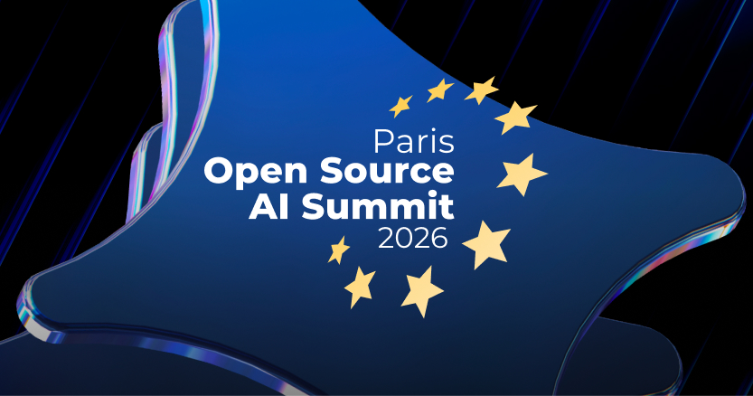 Plaque iridescente bleue ondulée flottant sur fond noir avec cercle de douze étoiles dorées style drapeau européen, texte blanc « Paris Open Source AI Summit 2026 » au premier plan