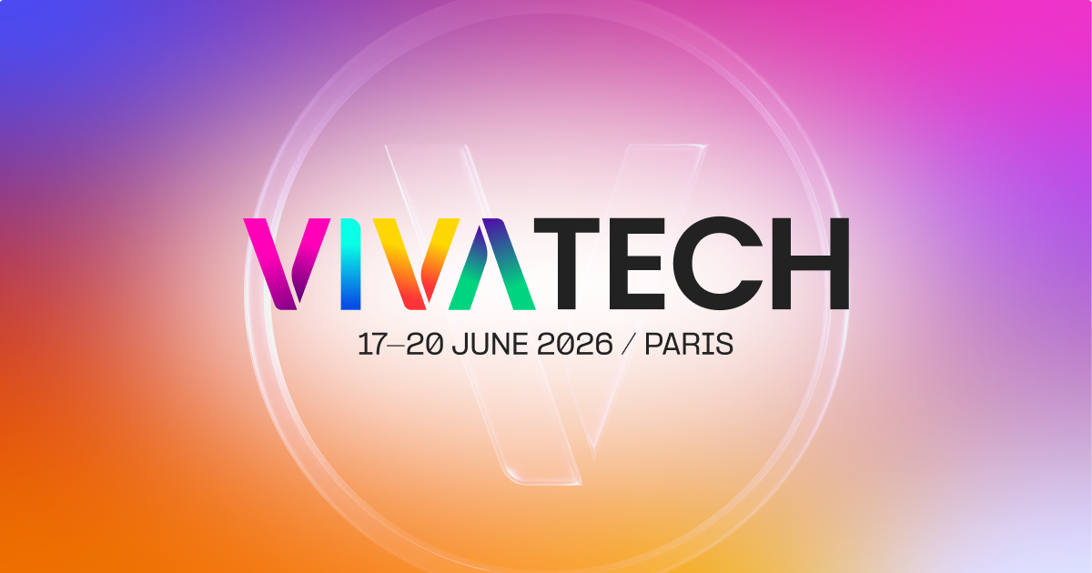 Logo VivaTech en lettres multicolores dégradé arc-en-ciel pour « VIVA » et noir pour « TECH », grand V blanc translucide en arrière-plan dans un cercle, mention « 17-20 JUNE 2026 / PARIS » en dessous, fond dégradé rose, violet et orange
