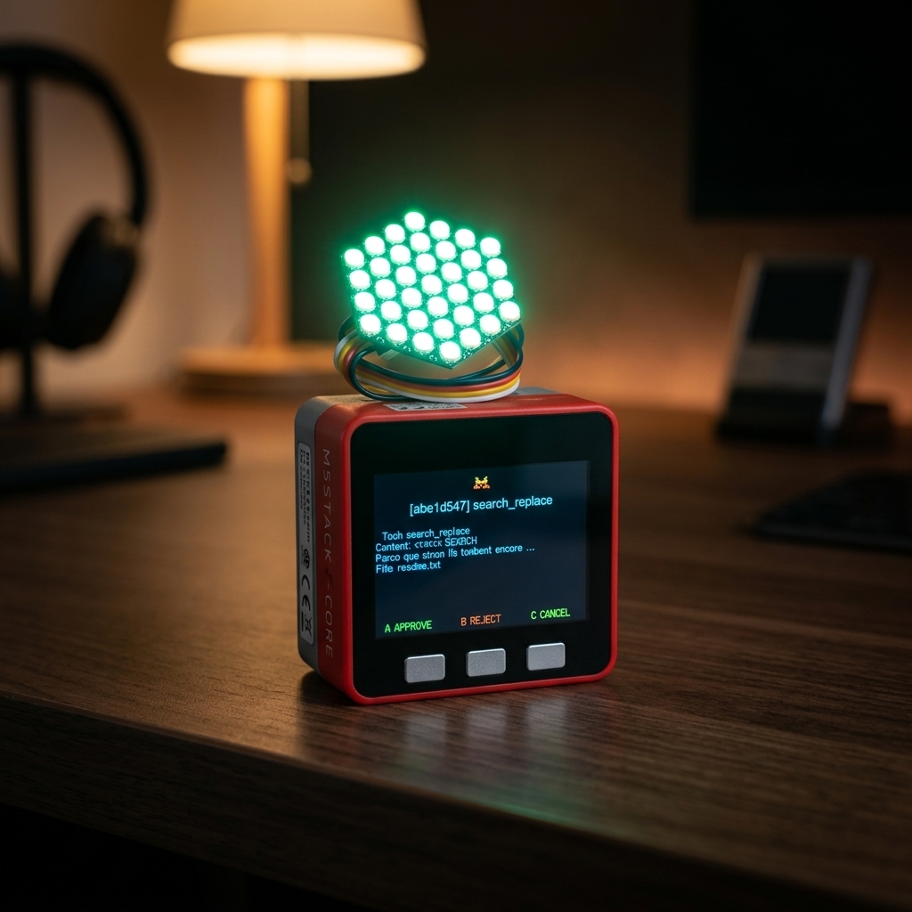 When Mistral Vibe requires a validation, the LED matrix flashes intensely and the screen displays the request (AI-generated illustration)